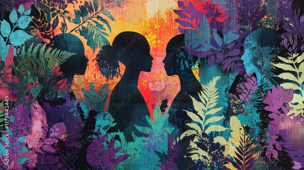 Poster lush abstract maze of colors and textures with silhouettes in a vibrant setting