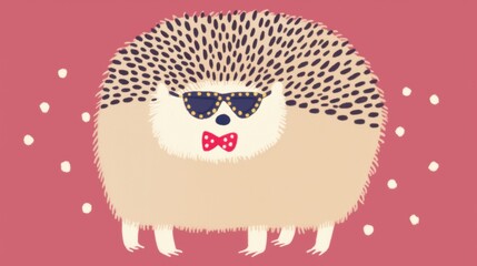 Naklejka premium Cute Cartoon of a Smiling Hedgehog Wearing Bow Tie and Sunglasses Doodle Drawing of Adorable Prickly Forest Creature in Whimsical Playful Style Graphic Design Element Textured Pattern Backdrop