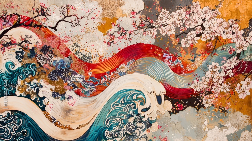 Poster mesmerizing blend of abstract patterns with waves and blossoms in colorful artwork