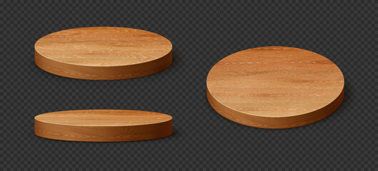 Round wooden podium stages or pedestal base for product display, vector showcase pillars. Wooden podium stage platform mockups in round circle shapes for showroom or exhibition platforms