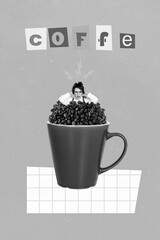 Vertical collage illustration of black white gamma girl inside big coffee beans cup isolated on...