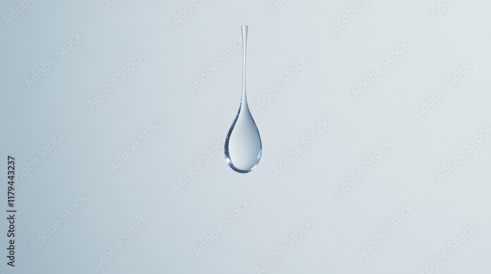 Poster single water drop falling and creating ripple effect on blue water surface with light blue backgroun