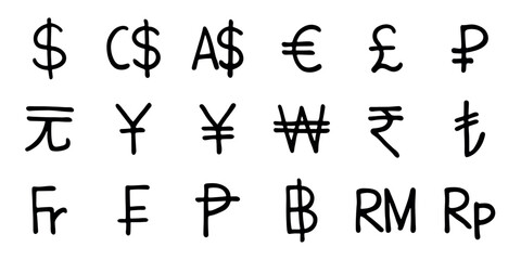 Hand drawn currency symbol set Dollar euro pound ruble yuan yen won rupee lira franc peseta baht ringgit rupiah