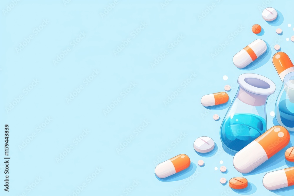 Poster laboratory experiment with capsules and beakers science background digital art clean environment top