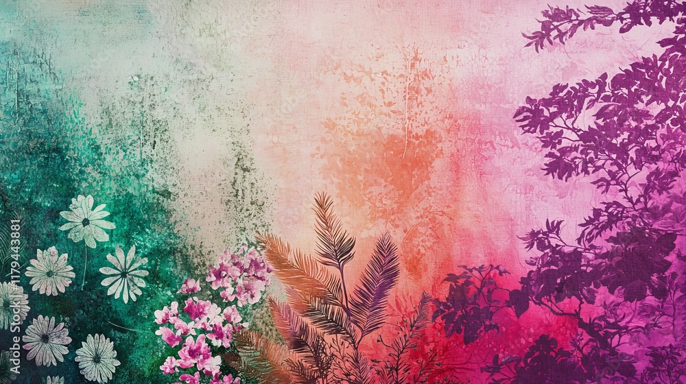 Poster soft gradient background transitioning colors with floral and leaf elements