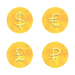 Hand drawn multiple gold currencies symbol set Dollar euro pound ruble