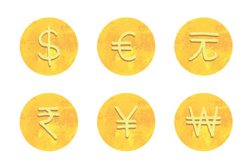 Hand drawn multiple gold currencies symbol set Dollar euro yuan yen won rupee
