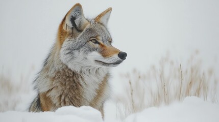 Fototapeta premium Coyote in a snowy wilderness on a white background. Generative AI