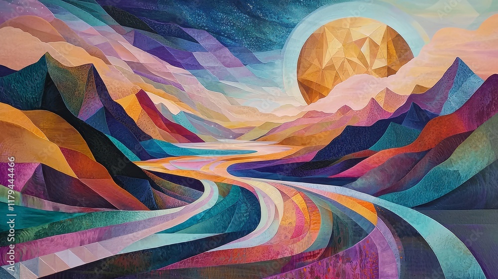 Poster stunning abstract landscape with merging geometric patterns and vibrant colors