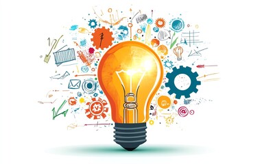 A lightbulb shining brightly with creative idea symbols like gears, notes, and arrows orbiting around it, illustrating innovation and brainstorming