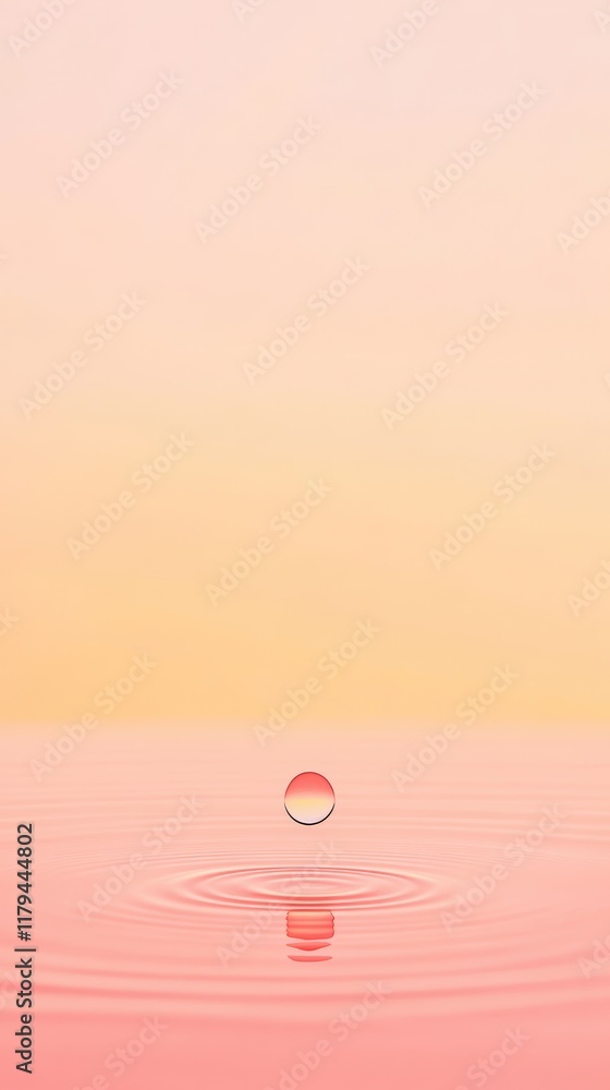 Poster single droplet splashes into a tranquil water surface, creating gentle ripples. the soft gradient ba