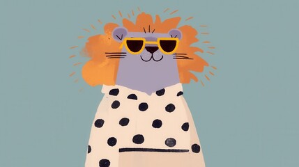 Vibrant and playful digital of a smiling cartoon lion character wearing stylish sunglasses and sporting a polka dot pattern  Fun whimsical and modern graphic design with a cheerful friendly vibe