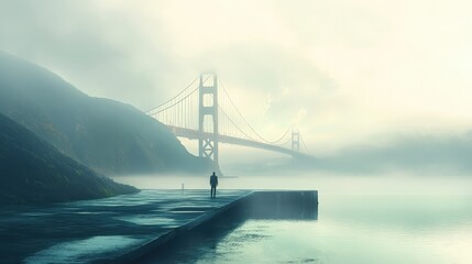 foggy morning scene with the Golden Gate Bridge partially hidden by mist,