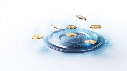 A futuristic graph projection with coins circling it, augmented reality business concept, ultra-modern style, isolated on white background