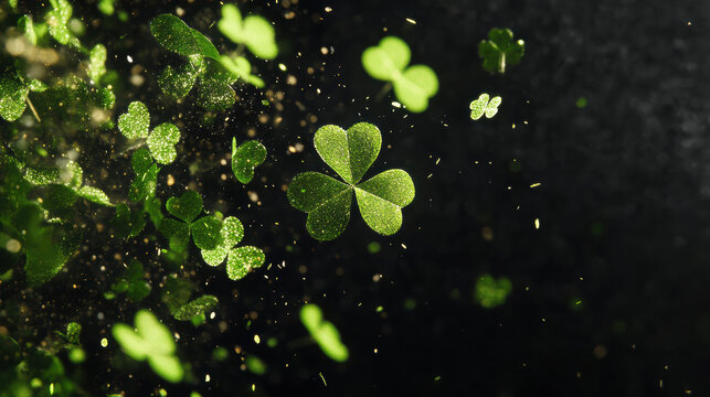 A dynamic St. Patrick's Day background with glowing shamrocks and sparkling particles against a dark backdrop, perfect for Irish-themed events, promotions, and festive designs