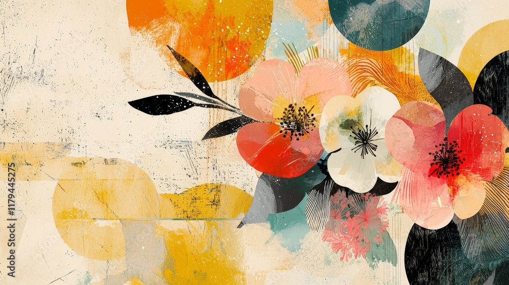 Poster vibrant abstract design with dynamic splashes of color and floral elements