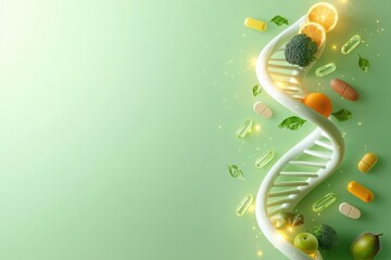 Healthy dna helix with fruits and vitamins bright green background graphic illustration wellness concept close-up view