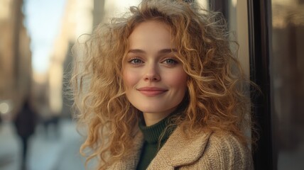 Obraz premium Woman with curly hair is smiling and wearing a green sweater