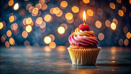 Delicious Cupcake with Candle in Low Light, Moody Birthday Dessert Photography