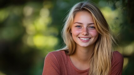 Obraz premium Woman with long blonde hair is smiling and looking at the camera