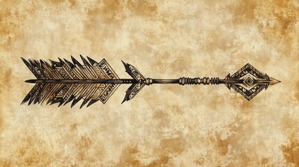 A tribal-inspired arrow design with intricate patterns on a natural parchment background 