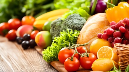 a variety of fresh fruits and vegetables on a wooden table top
