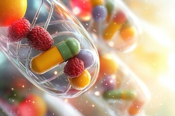 Colorful capsules and dna strands illustrating health benefits laboratory setting digital art bright environment scientific concept