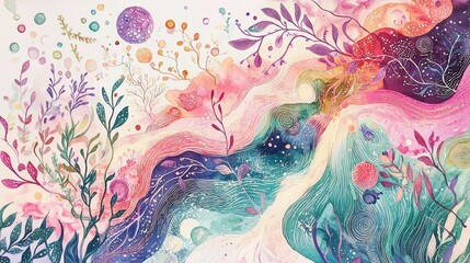 Fototapeta premium Abstract Watercolor Illustration of Colorful Swirls and Nature Elements