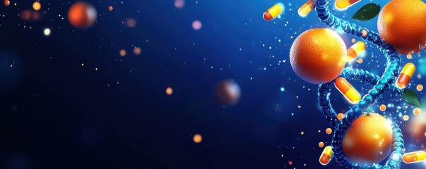 Fototapeta premium Blending cute cartoon fruits with dna elements in a colorful graphic environment