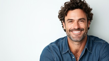Fototapeta premium a man with curly hair smiling for a picture in a blue shirt