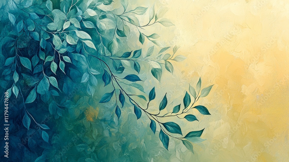 Poster ethereal abstract design with soft gradients and leaves in gentle colors