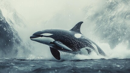 Obraz premium Majestic Orca Leaping in Arctic Waters Amid Snow-Covered Peaks. Generative AI