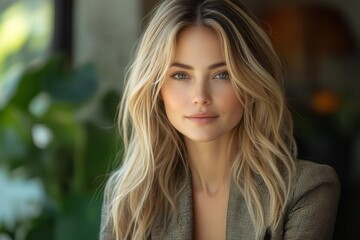 Obraz premium confident professional woman with long blonde hair and designer outfit enjoying natural light photography session in urban garden setting