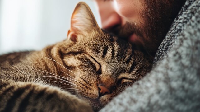 a man is cuddling his cat - Powered by Adobe
