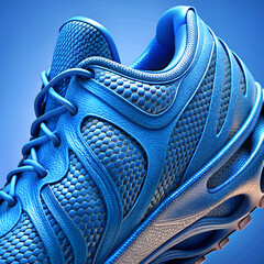 Close-up of a blue athletic shoe with a honeycomb design.