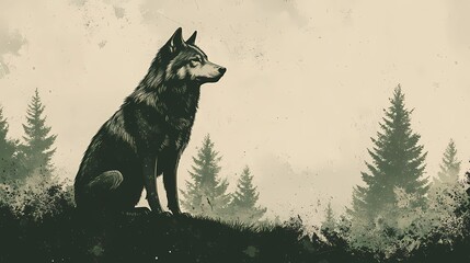 Lone wolf in the wilderness, amidst tall trees and quiet surroundings, creating a tranquil nature-inspired background, style book illustration