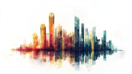 Obraz premium A rising bar graph with a coin placed on each bar, growth and investment theme, high-detail digital painting, isolated on white background