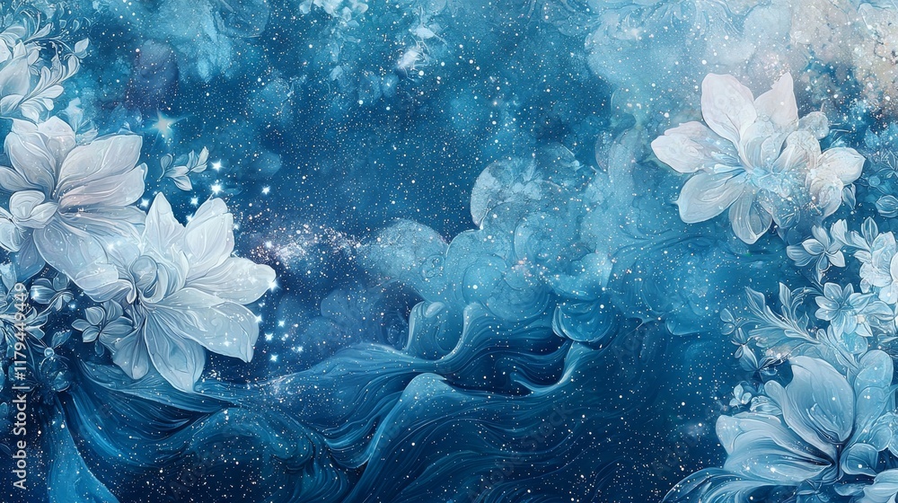 Poster celestial abstract patterns with twinkling stars and ethereal floral elements