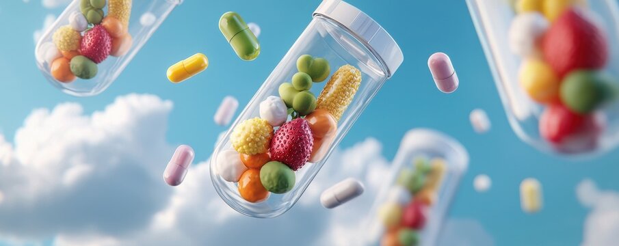 Fruity dna fusion capsules of nature's bounty sky background 3d render bright atmosphere whimsical concept - Powered by Adobe
