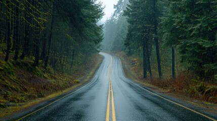 Obraz premium Rainy Road Through Lush Evergreen Forest