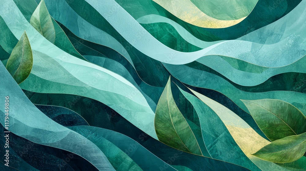 Poster elegant abstract composition featuring curved layers and leaf elements in turquoise