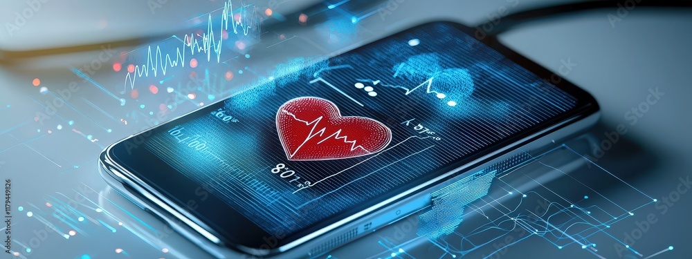 Poster connected health tracker displaying ecg and heart rate data, white background