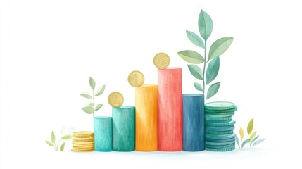 A rising bar graph with a coin placed on each bar, growth and investment theme, high-detail digital painting, isolated on white background