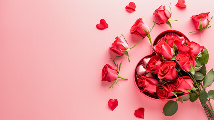 Elegant composition featuring two vibrant red roses with lush green leaves and a decorative heart-shaped gift box on a soft pink textured background. The romantic and artistic arrangement is perfect 