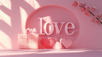 3D Rendered Valentine's Day Backdrop with 'Love' Word, Gift Box, and Heart on Pastel Pink, Minimalistic Display Mockup.