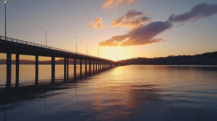 Obraz premium Serene Sunset Bridge: A Calm Coastal Vista at Golden Hour
