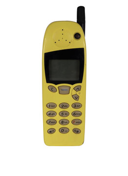 Retro mobile phone with a classic button design on a transparent background. The high resolution and transparent background make it perfect for use in advertising, illustrations, and design projects.