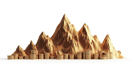 A stylized graph shaped as a mountain with coins at the peaks, financial milestones representation, creative 3D design, isolated on white background