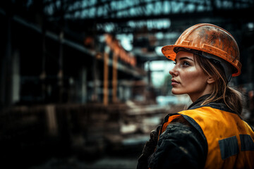A female construction worker in an orange hard hat