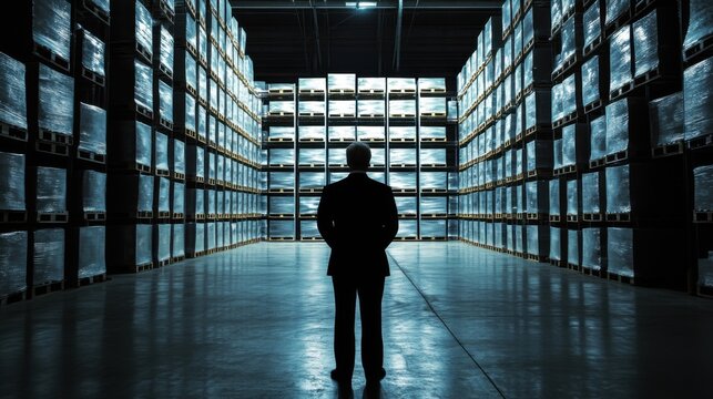 Warehouse Inventory Management Businessman Surveys Pallets of Goods - Powered by Adobe